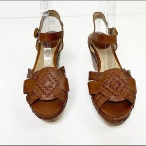 FRYE Leather Carlie Cognac Tan Platform Wedge Huarache Sandal leather upper